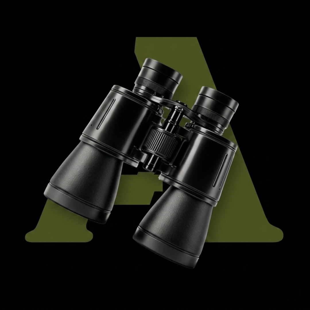 Binóculos táticos pretos com design robusto e detalhes em verde militar