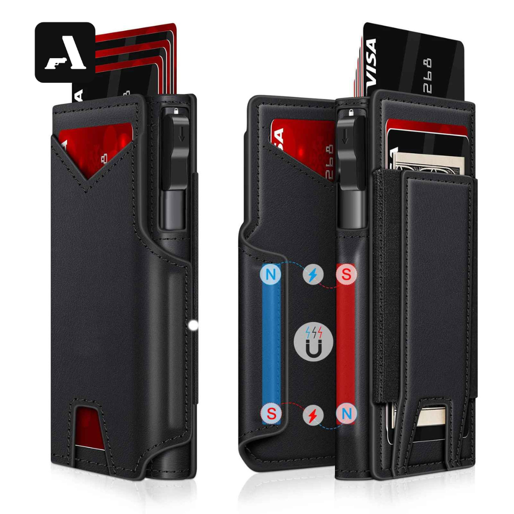 Carteira Slim Pop-Up Couro - Porta Cartão Automático e Bloqueio RFID Antifurto - Couro Minimalista
