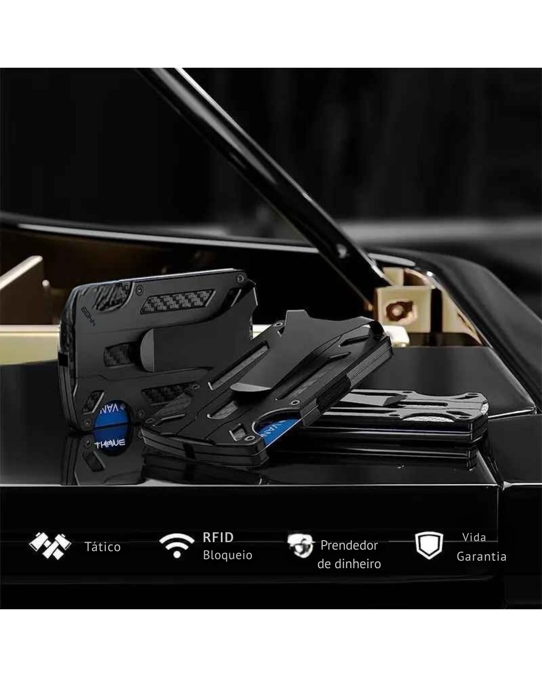 Carteira Tática Zeeker Minimalista - Fibra de Carbono com Suporte AirTag - Bloqueio RFID e Money Clip