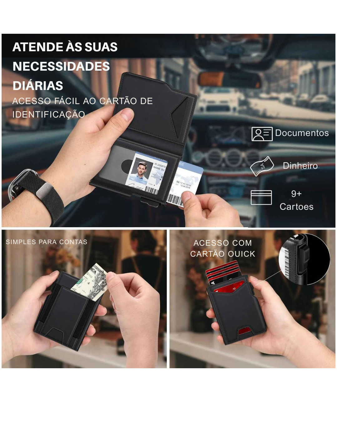 Carteira Slim Pop-Up Couro - Porta Cartão Automático e Bloqueio RFID Antifurto - Couro Minimalista