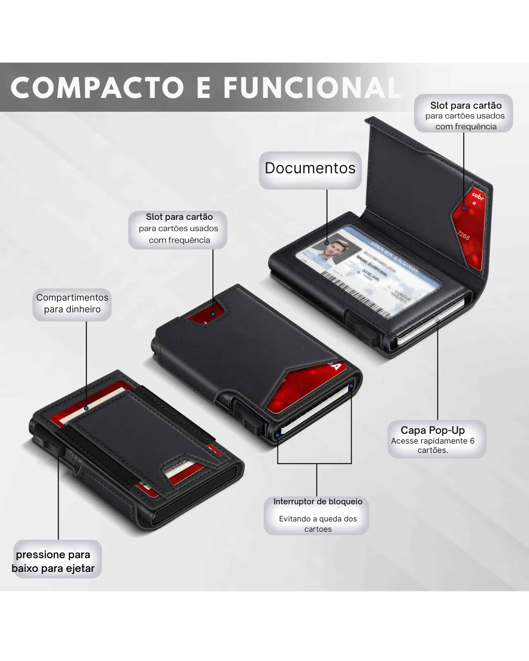 Carteira Slim Pop-Up Couro - Porta Cartão Automático e Bloqueio RFID Antifurto - Couro Minimalista