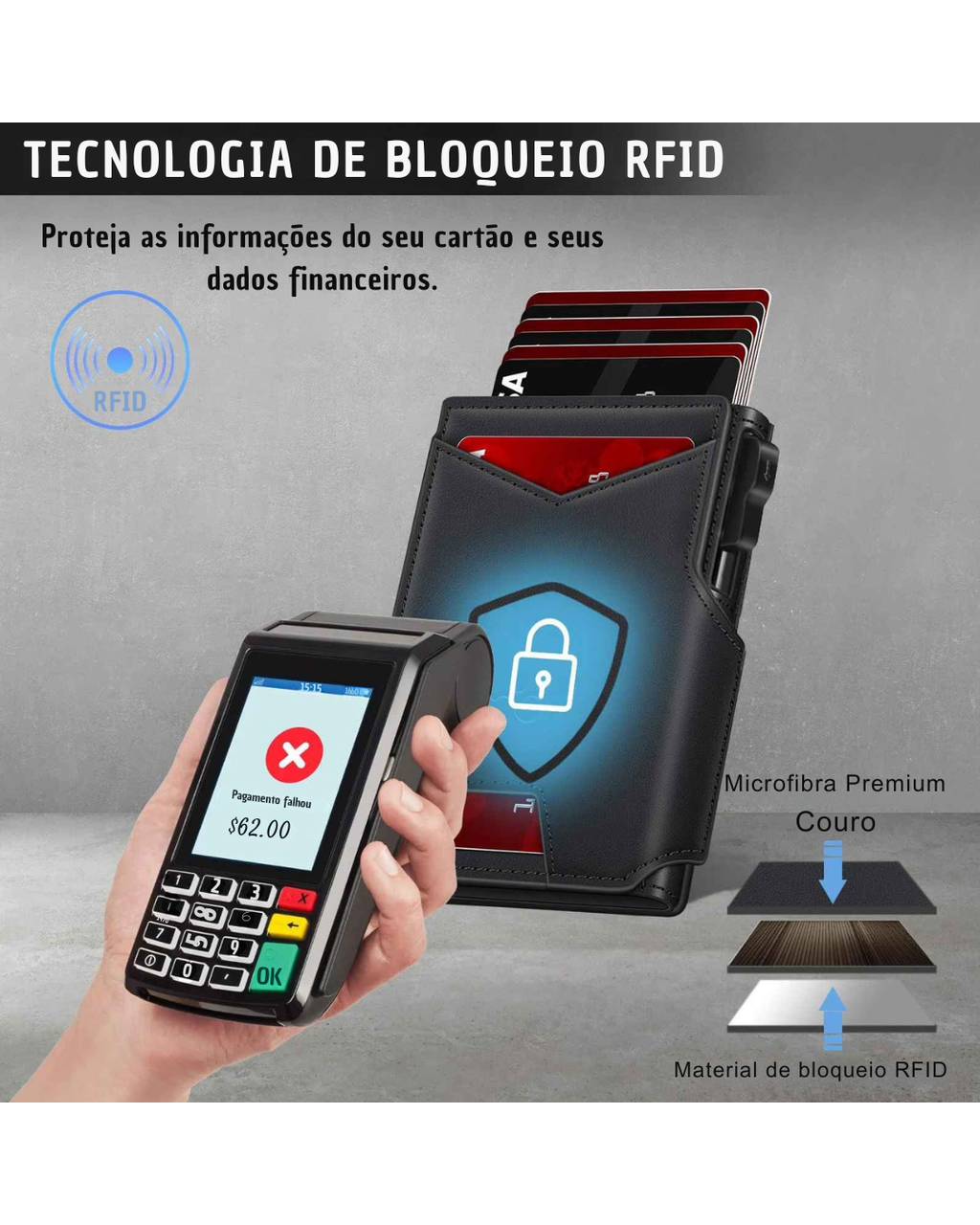 Carteira Slim Pop-Up Couro - Porta Cartão Automático e Bloqueio RFID Antifurto - Couro Minimalista