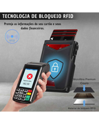 Carteira Slim Pop-Up Couro - Porta Cartão Automático e Bloqueio RFID Antifurto - Couro Minimalista