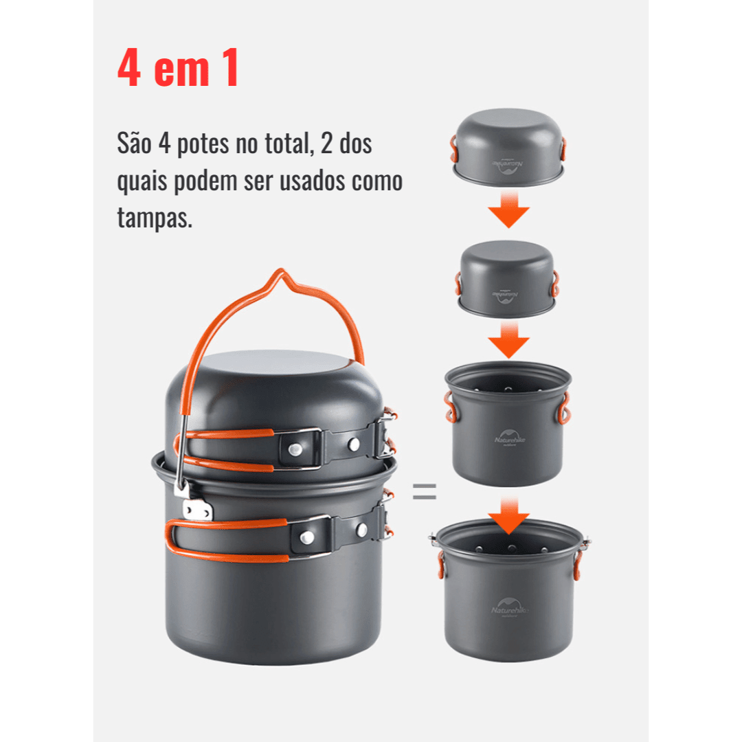 Kit Panelas de Acampamento 4 em 1 - PotSet [Camping - Cozinha - Panelas] 01 - Kit Panelas de Acampamento Pescamping 