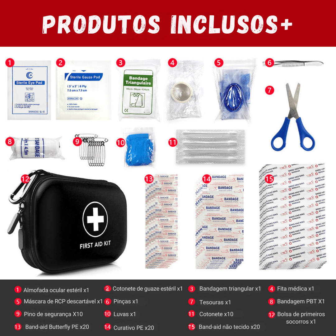 Kit Portátil de Primeiros Socorros Médicos Outdoor 91pçs - Survival [Camping - Acessórios - Kit Primeiros Socorros] 01 - Kit Portátil de Primeiros Socorros Médicos Outdoor 91pçs - Survival Pescamping Kit Preto 