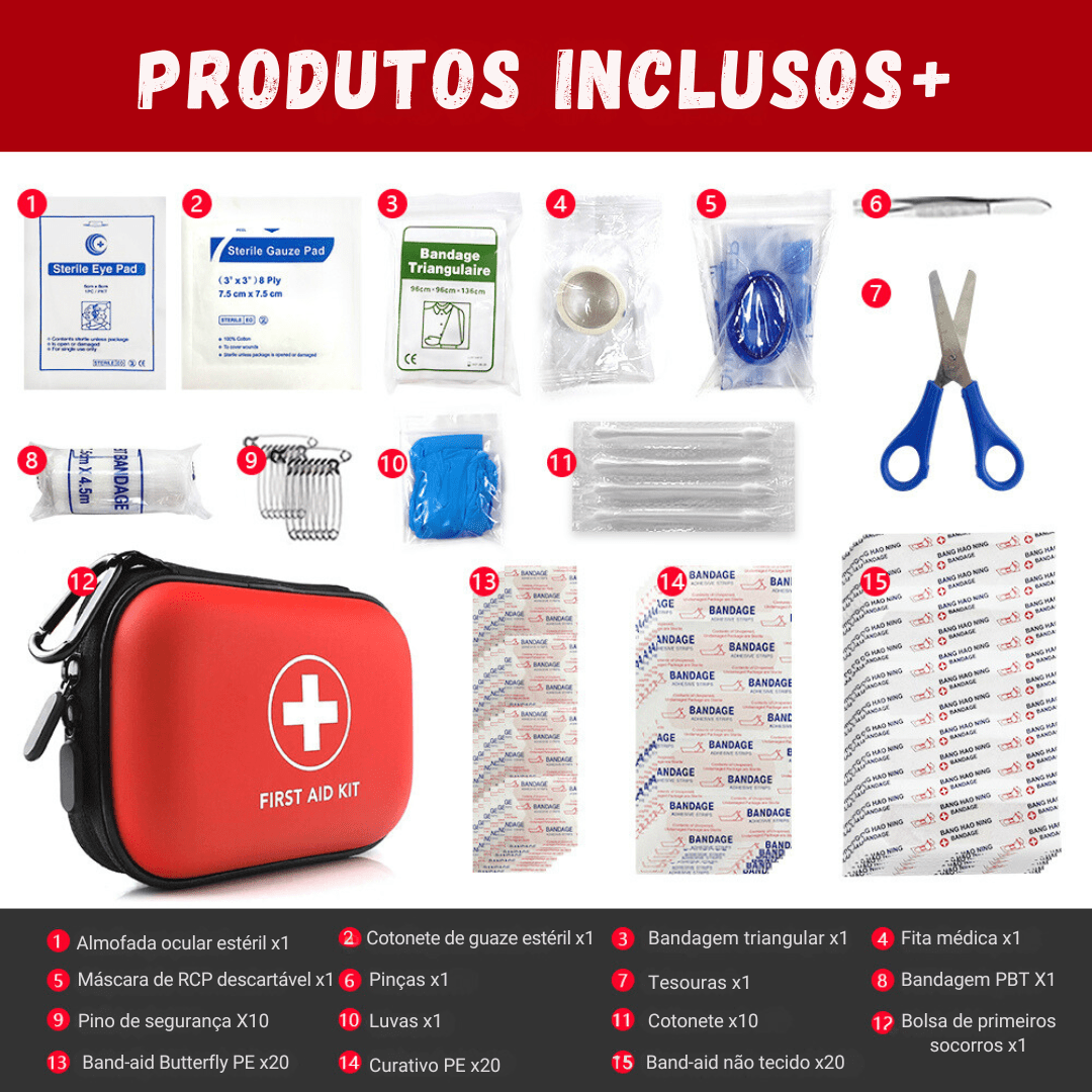 Kit Portátil de Primeiros Socorros Médicos Outdoor 91pçs - Survival [Camping - Acessórios - Kit Primeiros Socorros] 01 - Kit Portátil de Primeiros Socorros Médicos Outdoor 91pçs - Survival Pescamping Kit Vermelho 